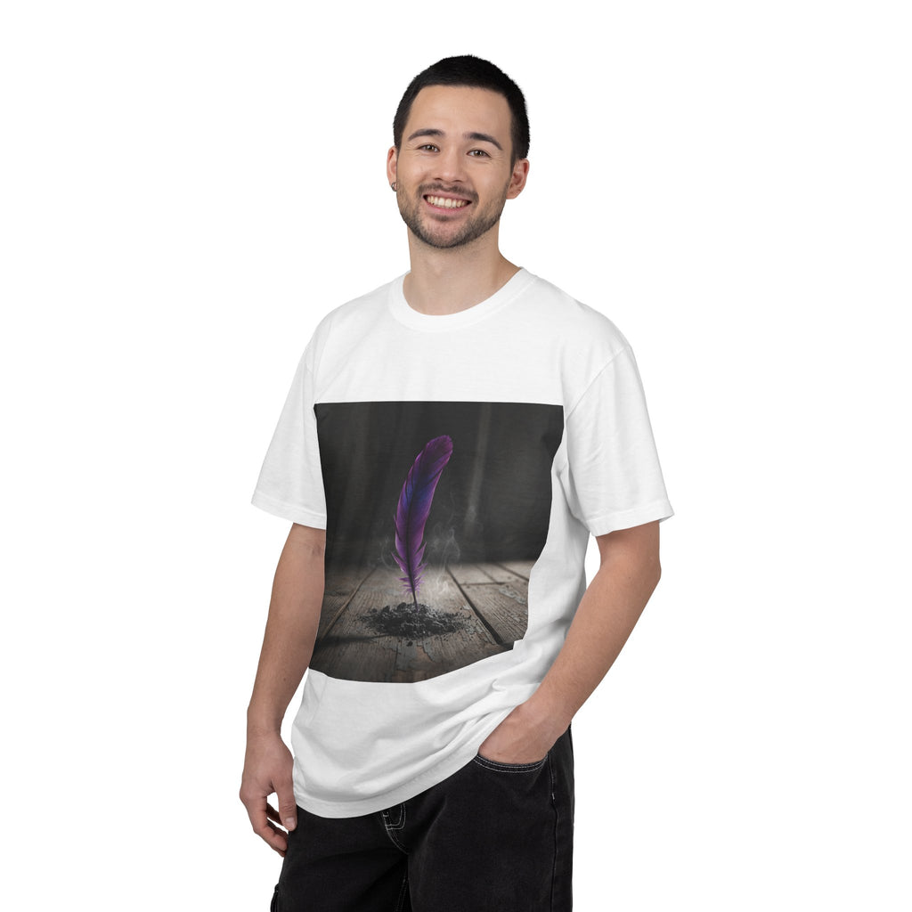 Featherfall Graphic T-Shirt — Purple Feather Floating Over Ash Art Tee