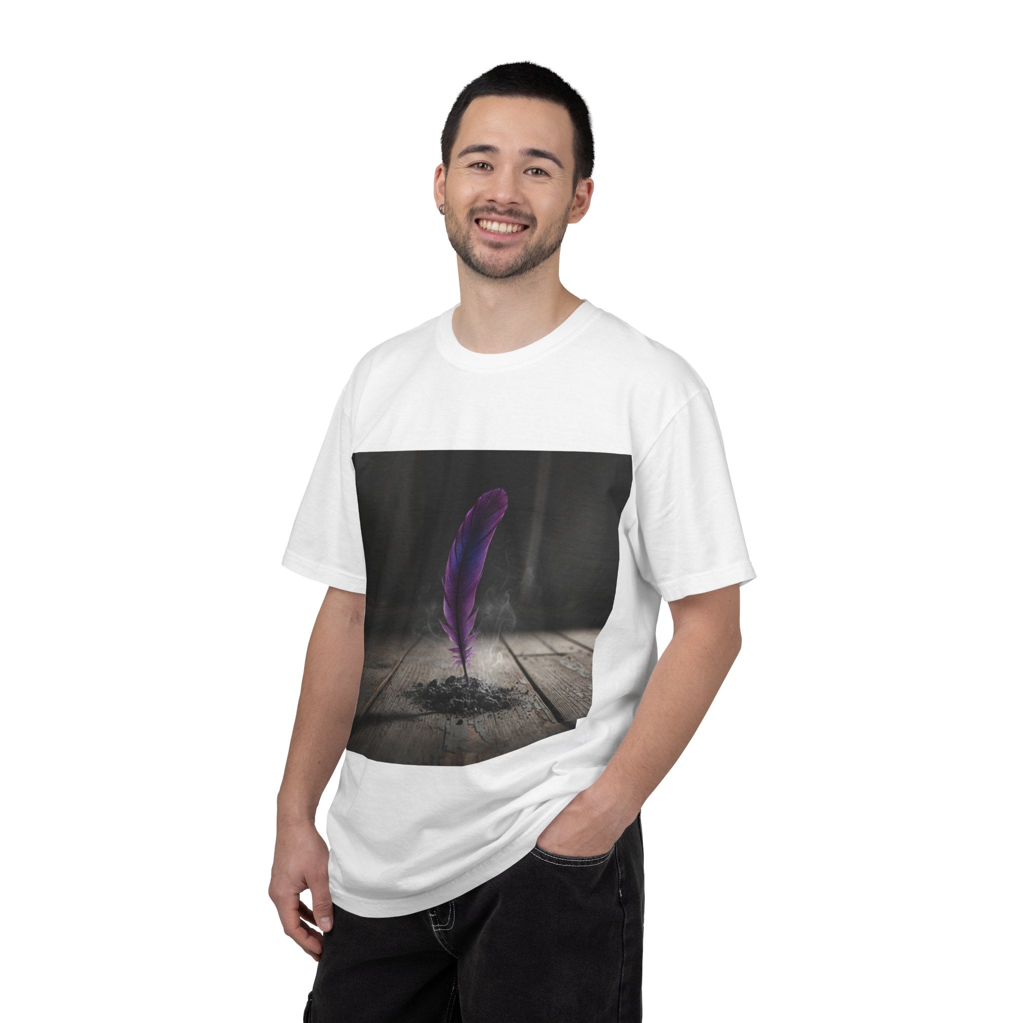 Featherfall Graphic T-Shirt — Purple Feather Floating Over Ash Art Tee