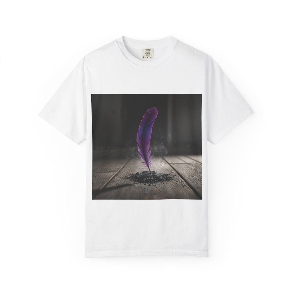 Featherfall Graphic T-Shirt — Purple Feather Floating Over Ash Art Tee