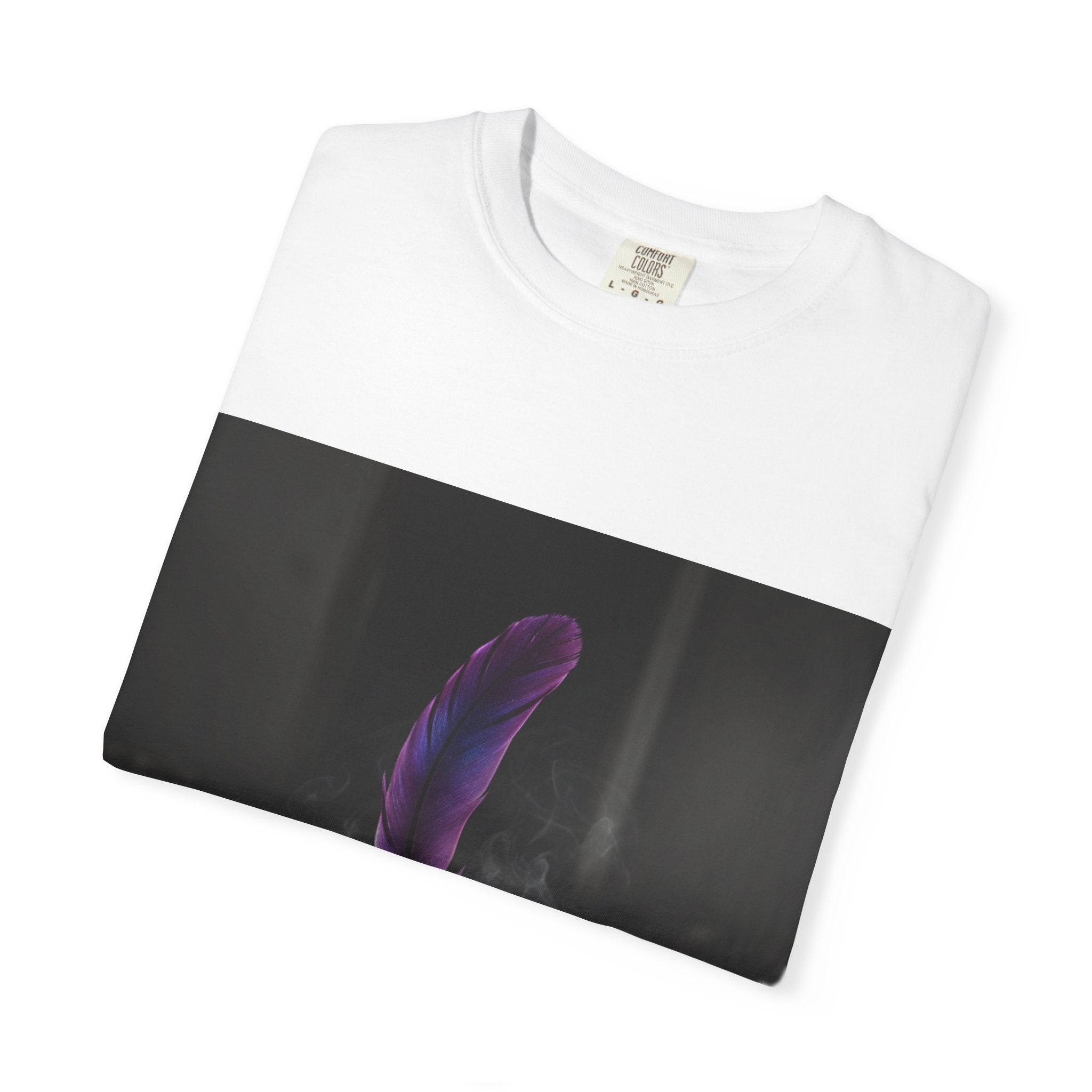 Featherfall Graphic T-Shirt — Purple Feather Floating Over Ash Art Tee